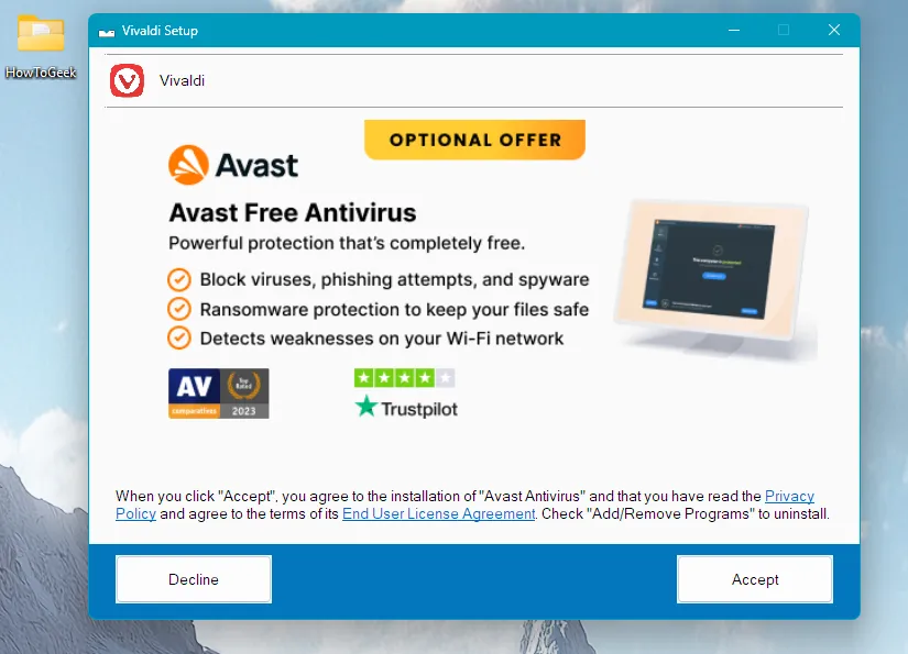 Trình cài đặt Vivaldi trên Windows 11 hiển thị tùy chọn cài đặt thêm phần mềm diệt virus Avast, minh họa rủi ro khi tải ứng dụng thủ công.