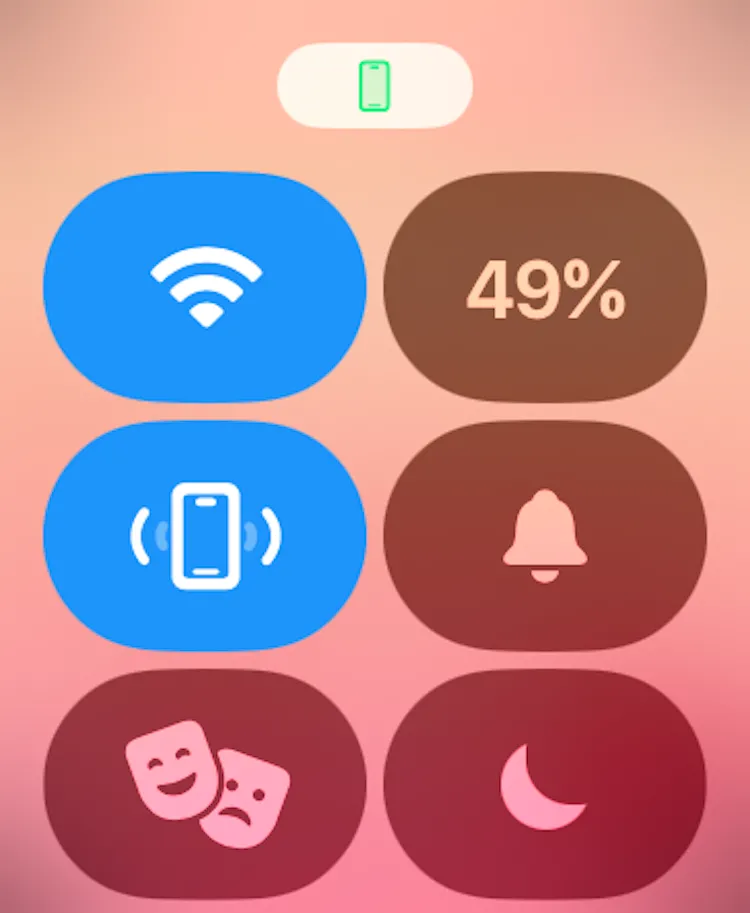 Trung tâm điều khiển Apple Watch hiển thị biểu tượng Ping My iPhone đang hoạt động để tìm iPhone