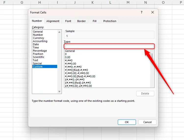 Trường Type trong phần Custom của Excel