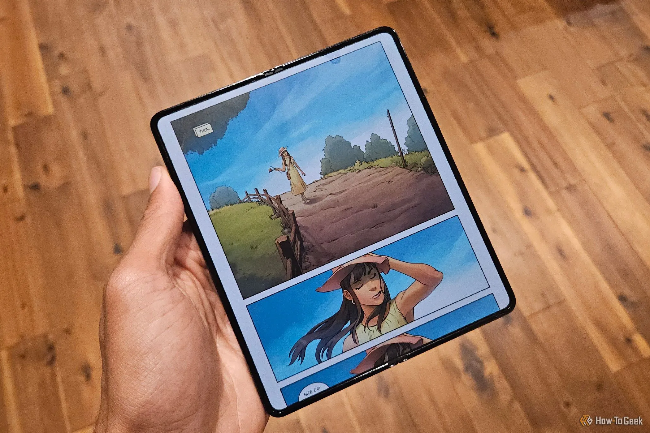 Truyện tranh kỹ thuật số được hiển thị sống động trên màn hình gập của Samsung Galaxy Z Fold 5, tối ưu cho giải trí đa phương tiện.