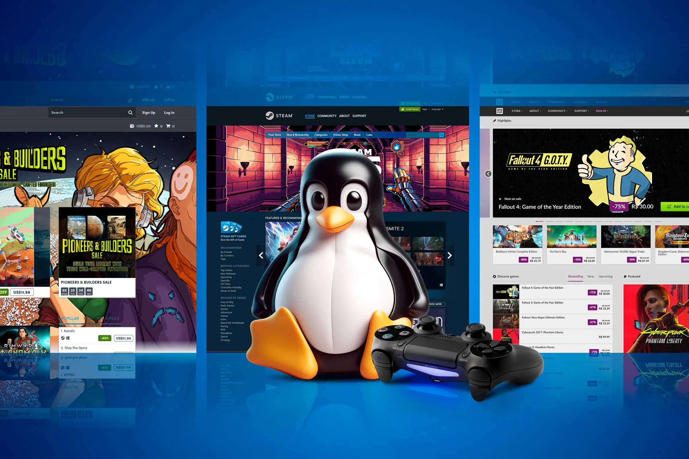 Tux, linh vật của Linux, đang cầm tay cầm chơi game, với nhiều màn hình hiển thị nội dung Linux gaming ở hậu cảnh.