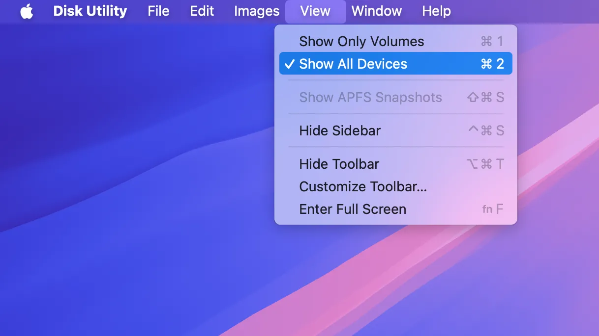 Tùy chọn &quot;Hiển thị tất cả thiết bị&quot; được chọn trong menu Xem của Tiện ích Đĩa macOS.