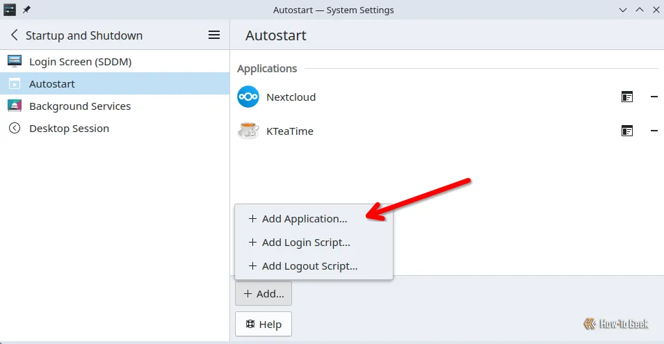Tùy chọn tự khởi động trong Cài đặt hệ thống KDE Plasma với mũi tên đỏ chỉ vào tùy chọn Thêm ứng dụng, cho phép thêm KTeaTime vào danh sách ứng dụng khởi động cùng hệ thống.