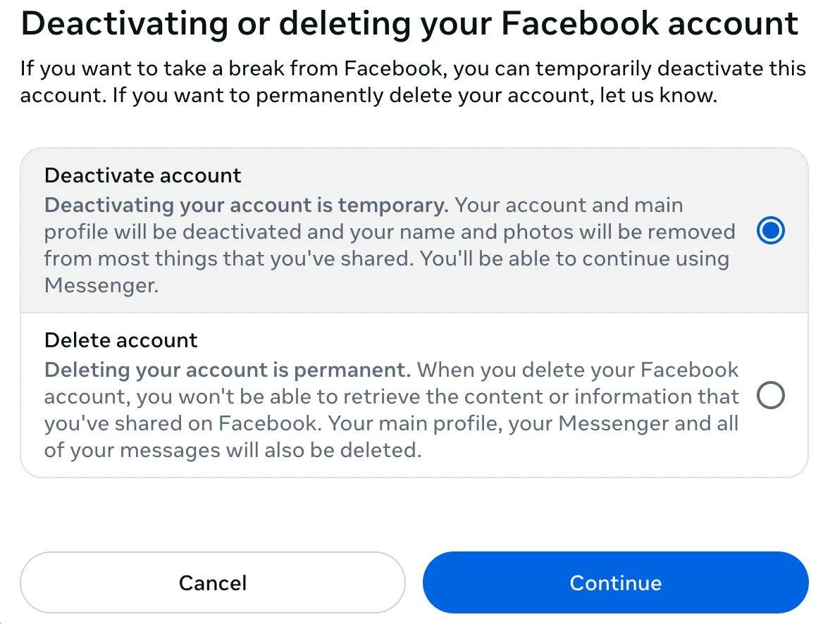 Tùy chọn vô hiệu hóa tài khoản Facebook trong phần cài đặt.
