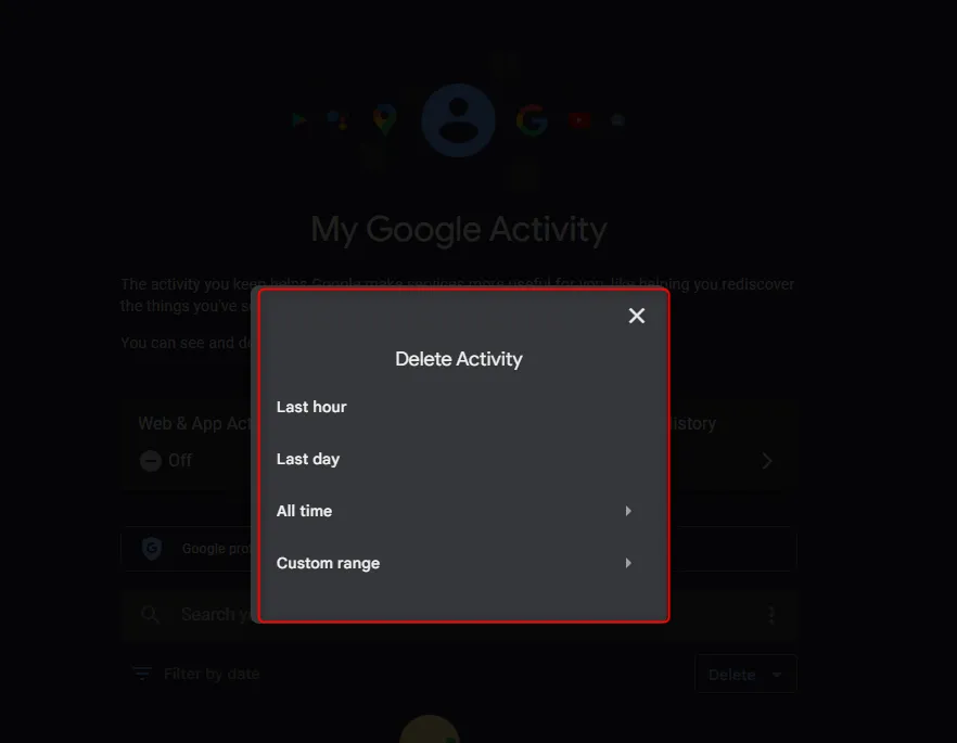 Tùy chọn xóa hoạt động Google theo khoảng thời gian cụ thể.