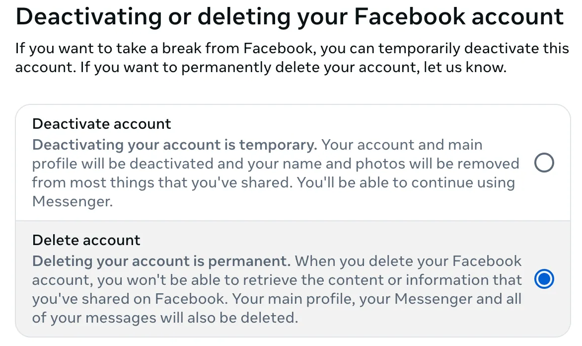 Tùy chọn xóa vĩnh viễn tài khoản Facebook.