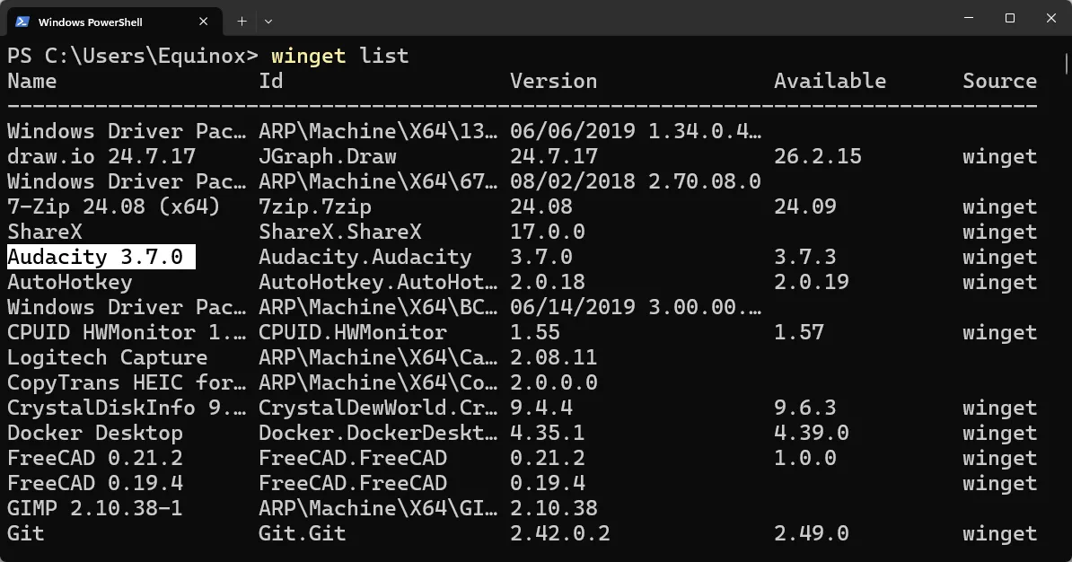 Ứng dụng Audacity được chọn trong kết quả đầu ra của lệnh winget list trong Windows Terminal