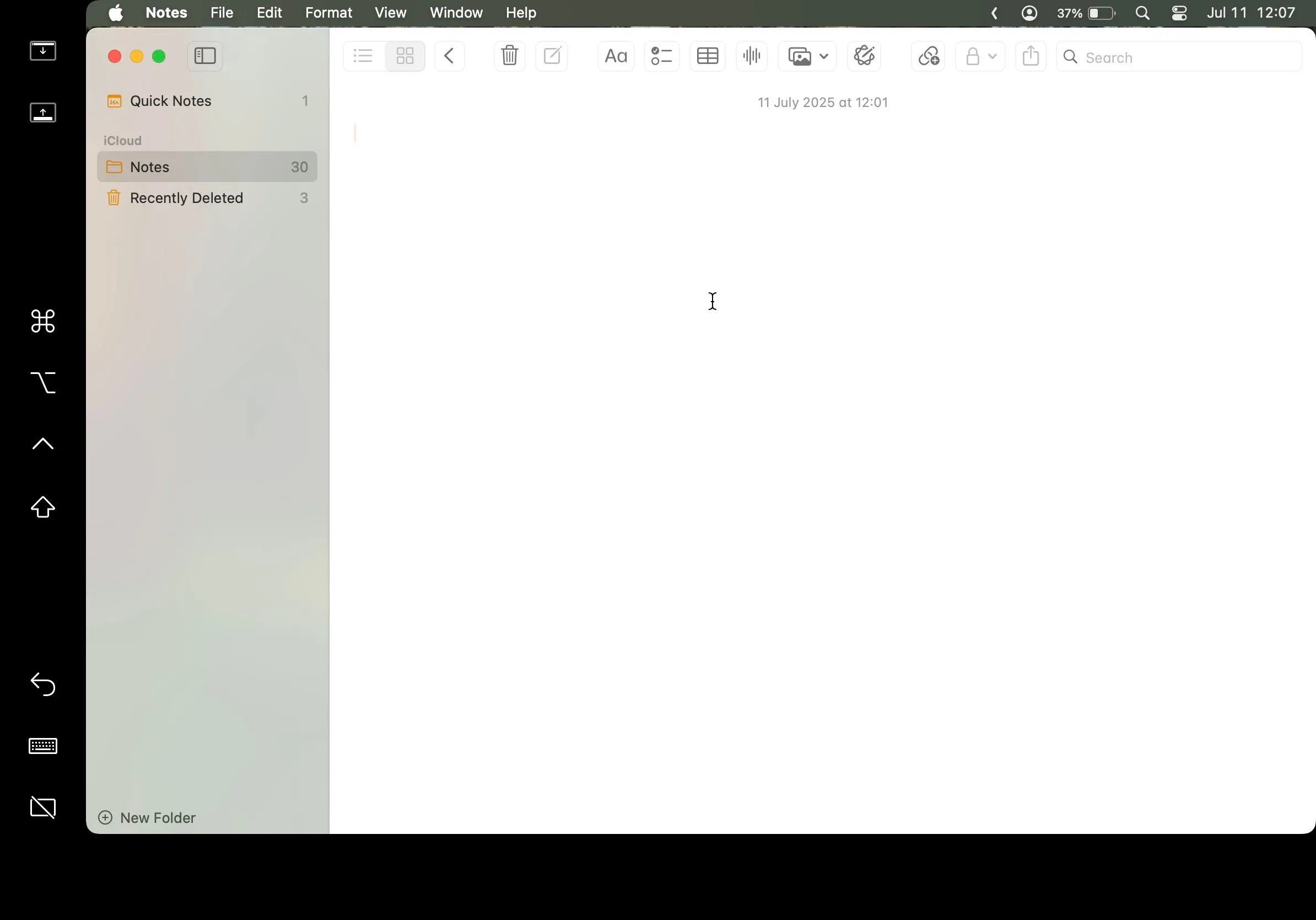 Ứng dụng Ghi chú của macOS đang hiển thị trên màn hình iPad được sử dụng như màn hình phụ thông qua tính năng Sidecar.