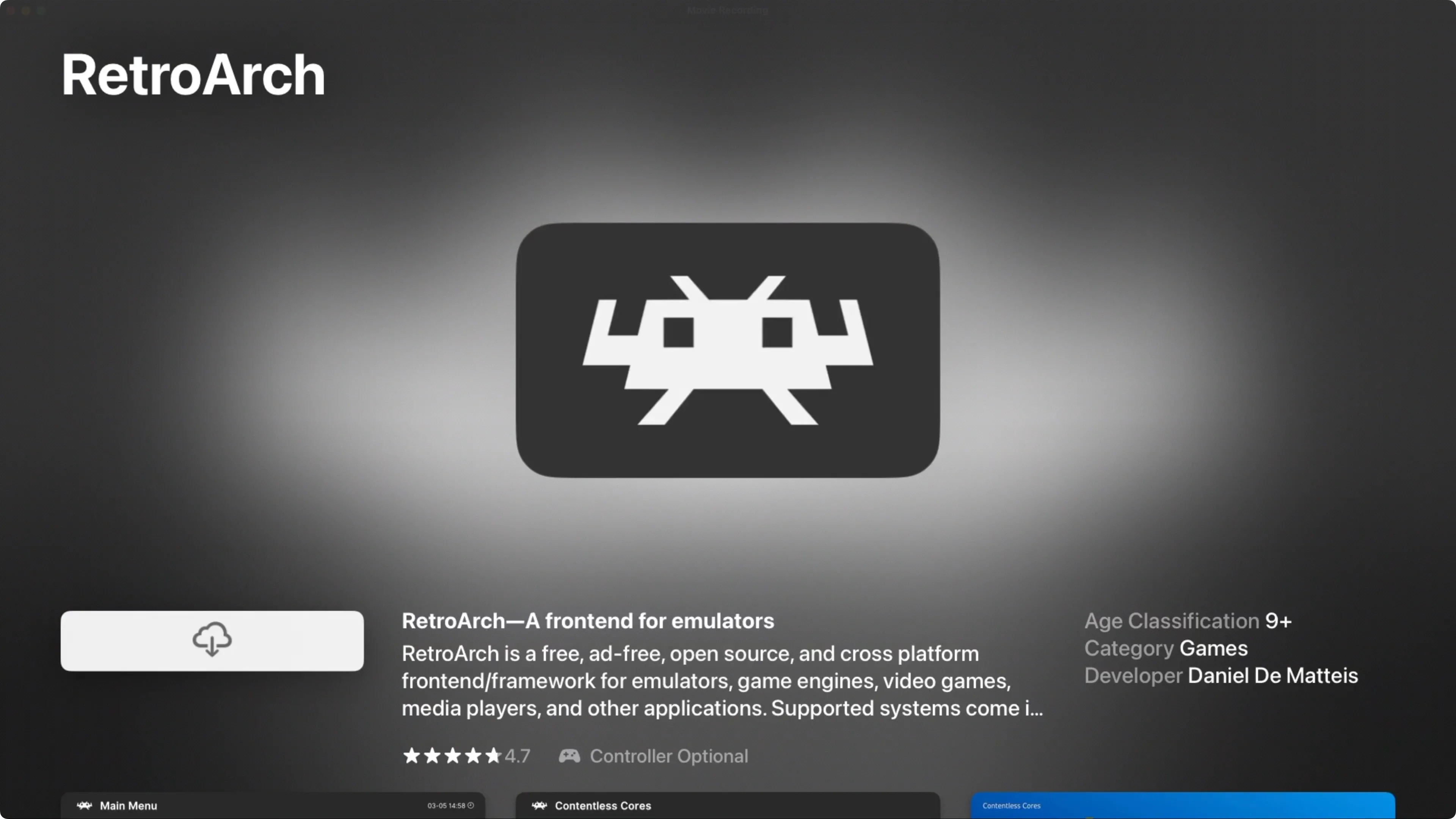 Ứng dụng RetroArch hiển thị trên App Store của tvOS, cổng vào thế giới game cổ điển