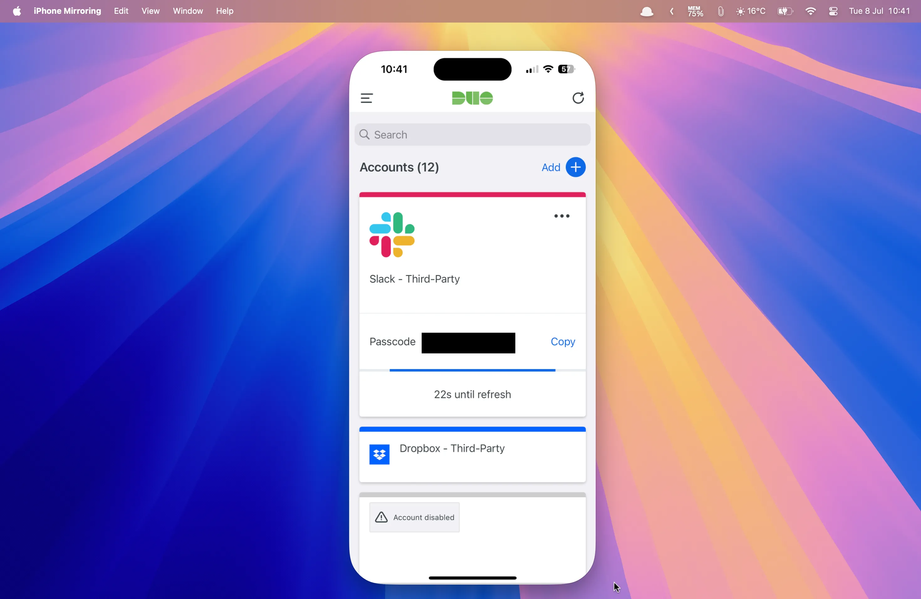 Ứng dụng xác thực hai yếu tố Duo hiển thị trên máy Mac thông qua iPhone Mirroring, giúp người dùng tạo mã bảo mật mà không cần chạm vào iPhone.