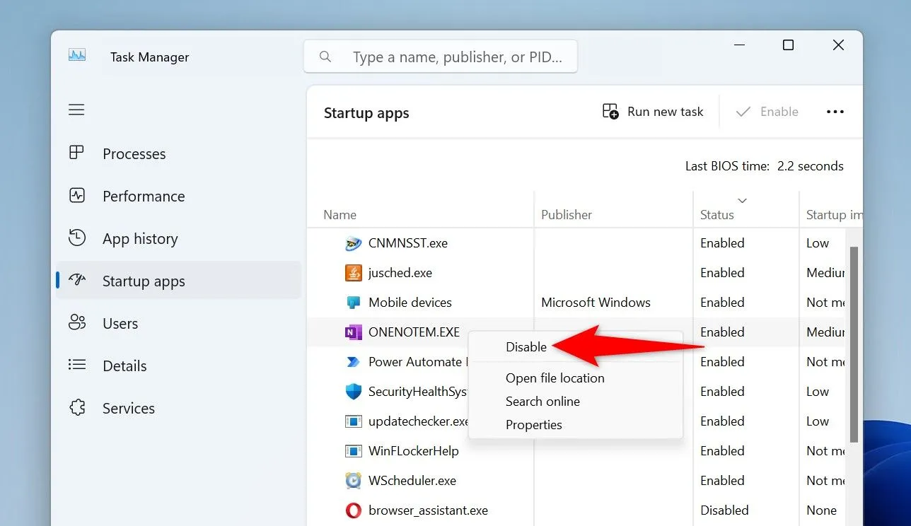 Vô hiệu hóa ứng dụng khởi động không cần thiết trong Windows 11.