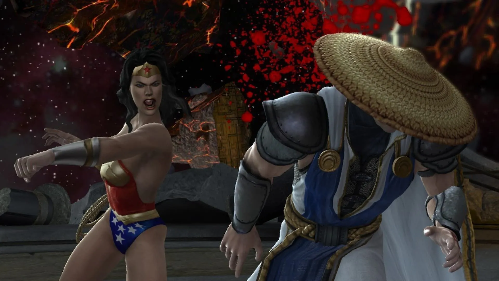 Wonder Woman đang đấm Raiden trong Mortal Kombat Vs. DC Universe.