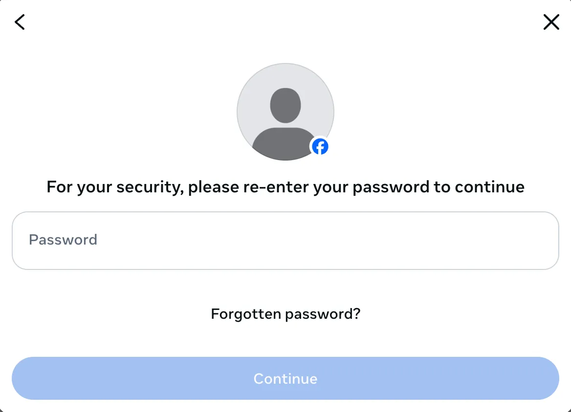 Yêu cầu xác nhận mật khẩu để vô hiệu hóa tài khoản Facebook.