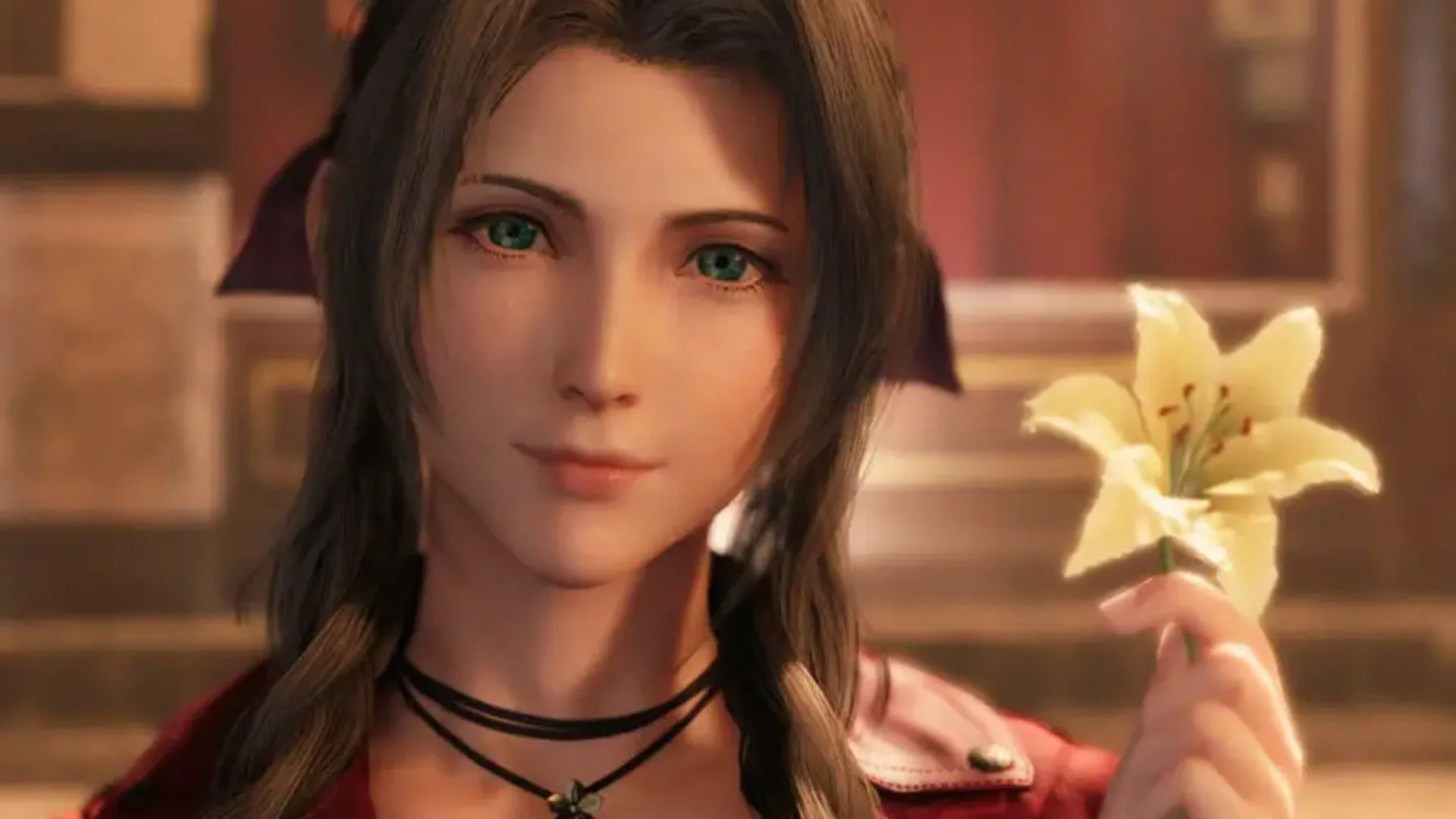 Aerith Gainsborough đang cầm một bông hoa trong Final Fantasy VII.