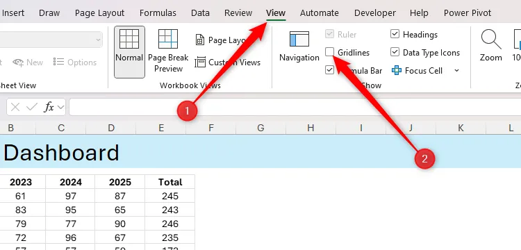 Ẩn đường lưới trong trang tính Excel qua tab Xem (View) để hiển thị Hình ảnh Liên kết rõ ràng hơn