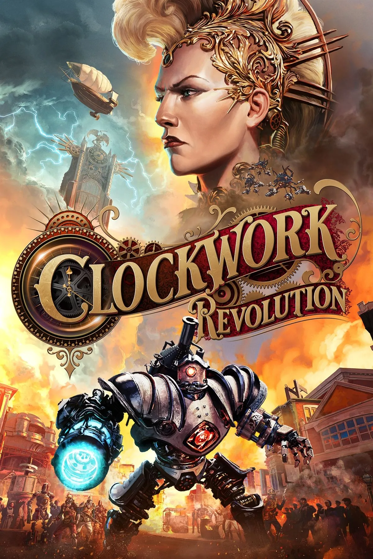 Ảnh bìa game Clockwork Revolution với phong cách đồ họa Steampunk độc đáo, khác biệt với xu hướng tả thực.