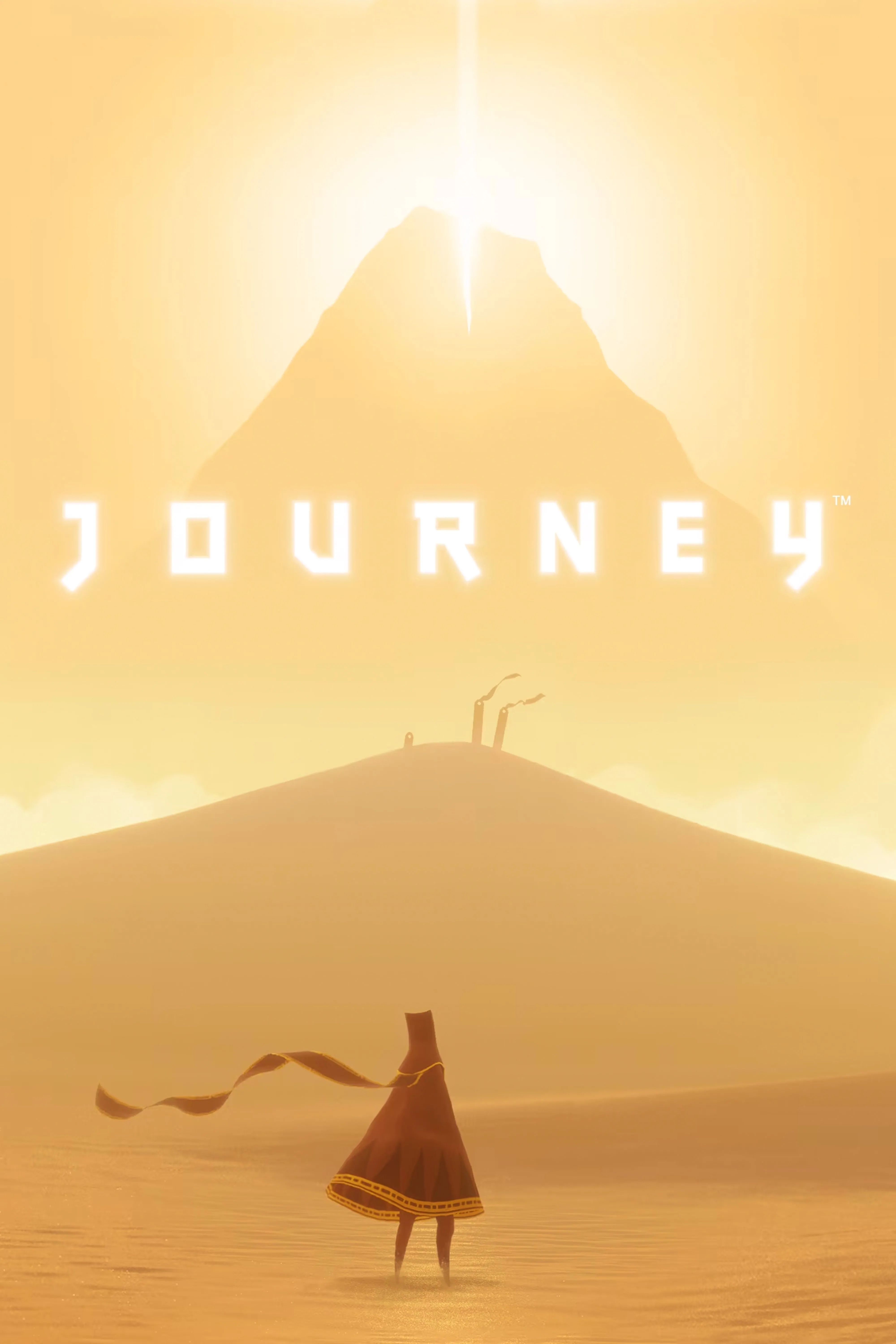 Ảnh bìa game Journey với nhân vật chính đứng trước cảnh quan hoang mạc và ngọn núi lớn