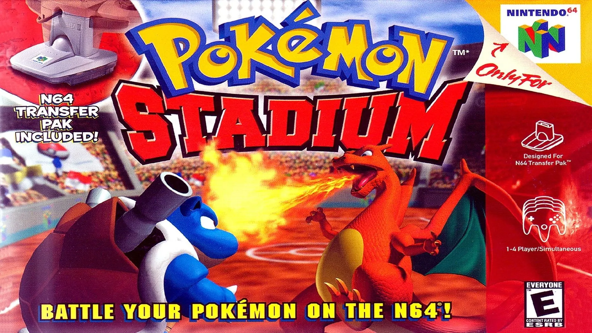 Ảnh bìa game Pokémon Stadium, hiển thị các Pokémon 3D đầu tiên trên Nintendo 64.