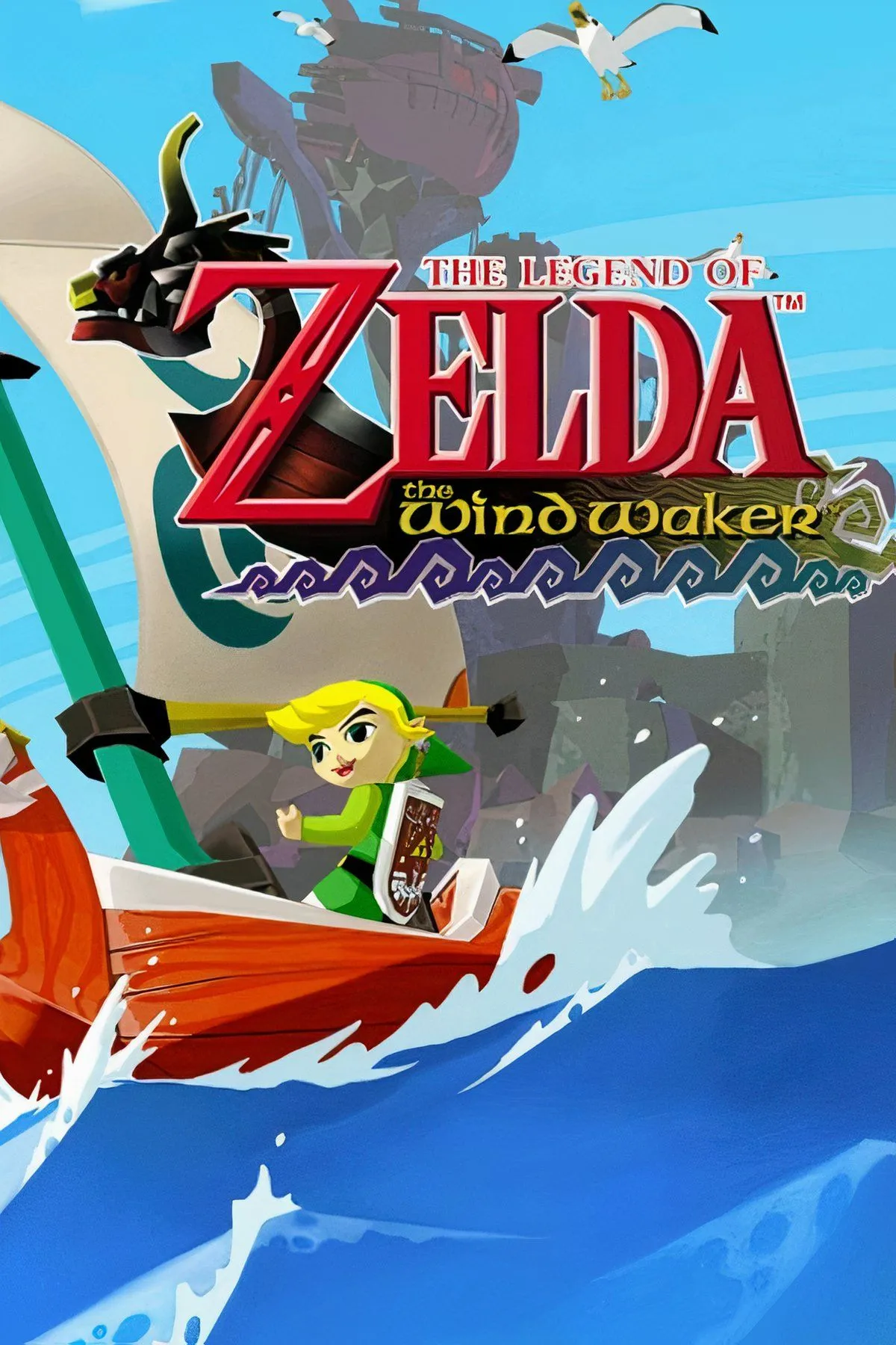 Ảnh bìa game The Legend of Zelda: The Wind Waker với Link và Tetra trên biển, thể hiện phong cách đồ họa cel-shaded độc đáo
