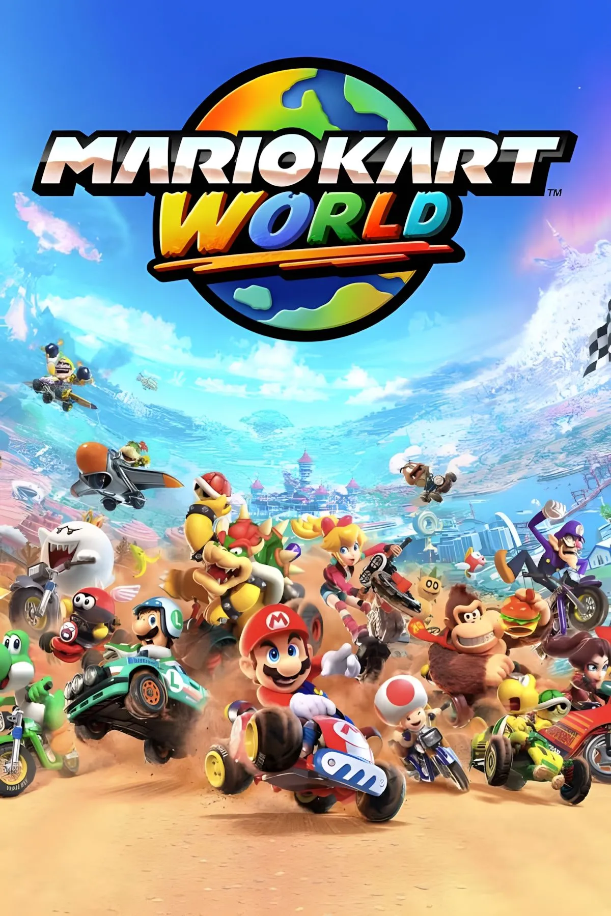 Ảnh bìa Mario Kart World với các nhân vật Mario đang đua trên đường đua đầy màu sắc