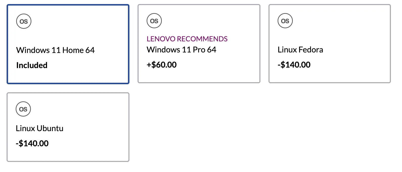 Ảnh chụp màn hình cấu hình laptop Lenovo cho thấy ưu đãi giảm giá đáng kể khi chọn hệ điều hành Linux.