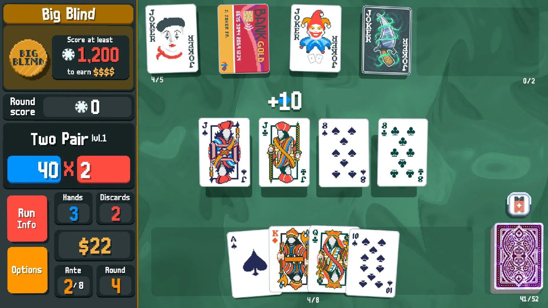 Ảnh chụp màn hình chính thức của Balatro trên Steam, minh họa giao diện trò chơi kết hợp poker và xây dựng bộ bài.