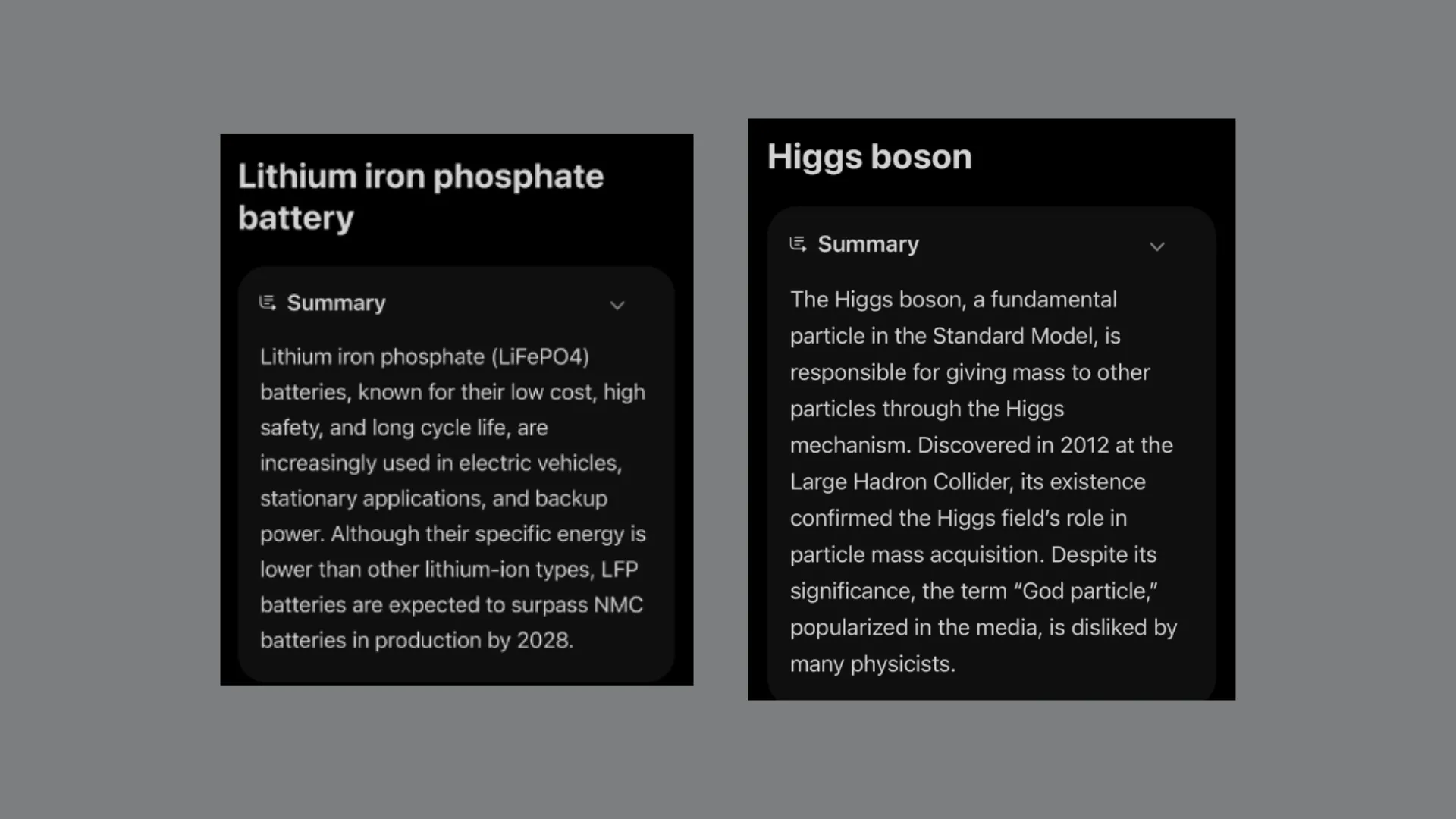 Ảnh chụp màn hình cho thấy tính năng Webpage Summaries của Apple Intelligence tóm tắt các trang Wikipedia về pin Lithium Iron Phosphate và hạt Higgs Boson, mặc dù có hạn chế trong việc phân tích toàn bộ bài viết