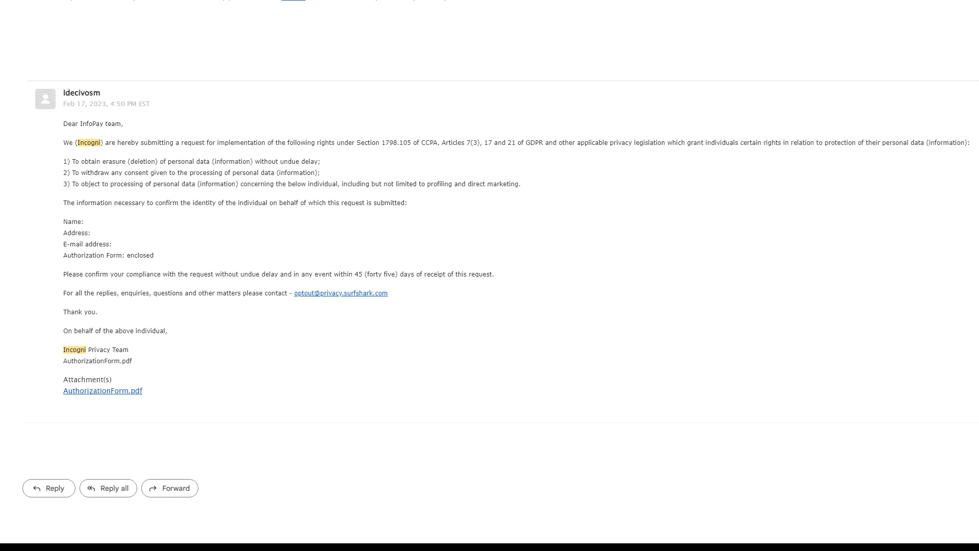 Ảnh chụp màn hình email từ Incogni xác nhận đã gửi yêu cầu xóa thông tin cá nhân đến các môi giới dữ liệu.