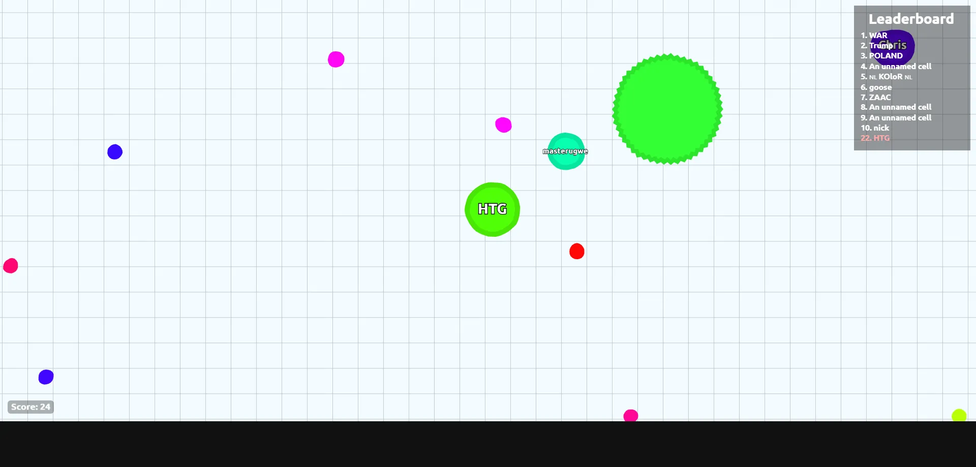 Ảnh chụp màn hình game Agar.io, một trò chơi trình duyệt với yếu tố PvP độc đáo.