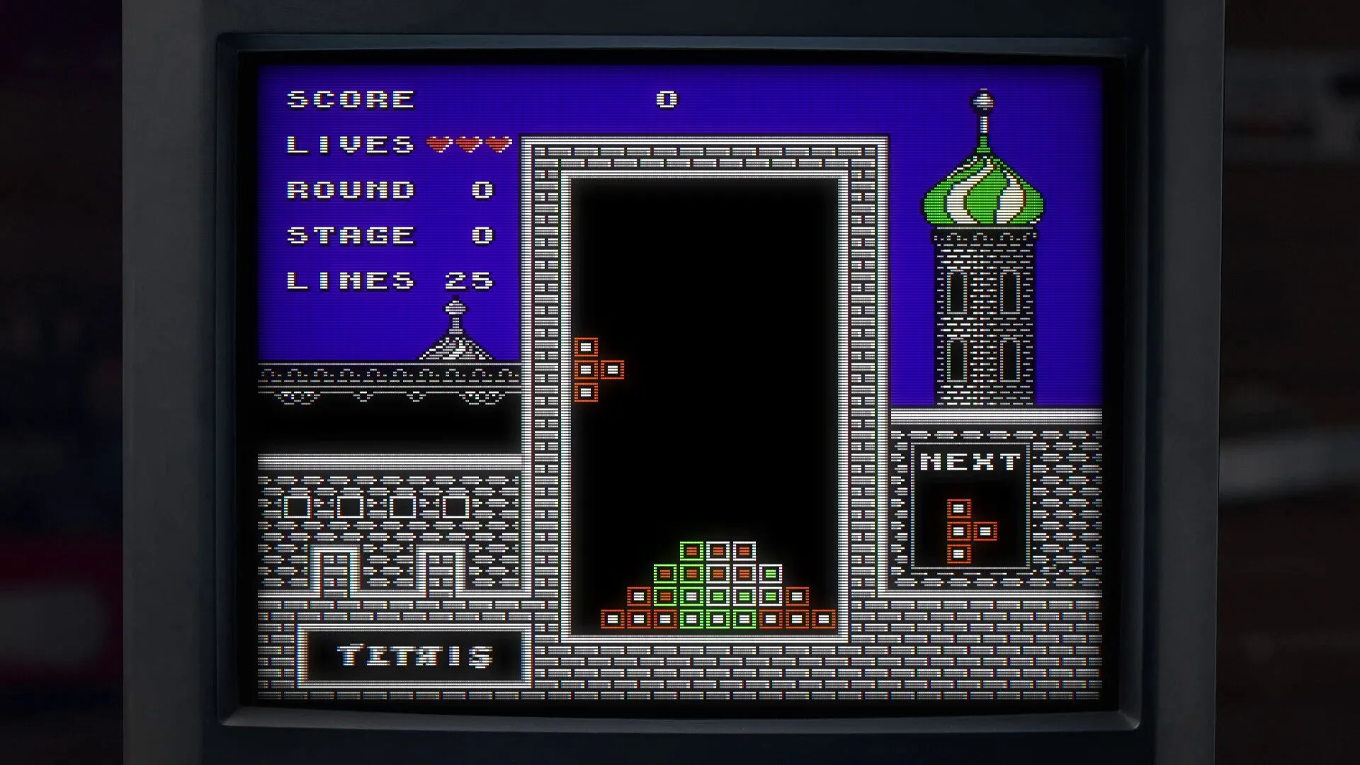 Ảnh chụp màn hình game Tetris Time Warp, mang phong cách đồ họa Game Boy