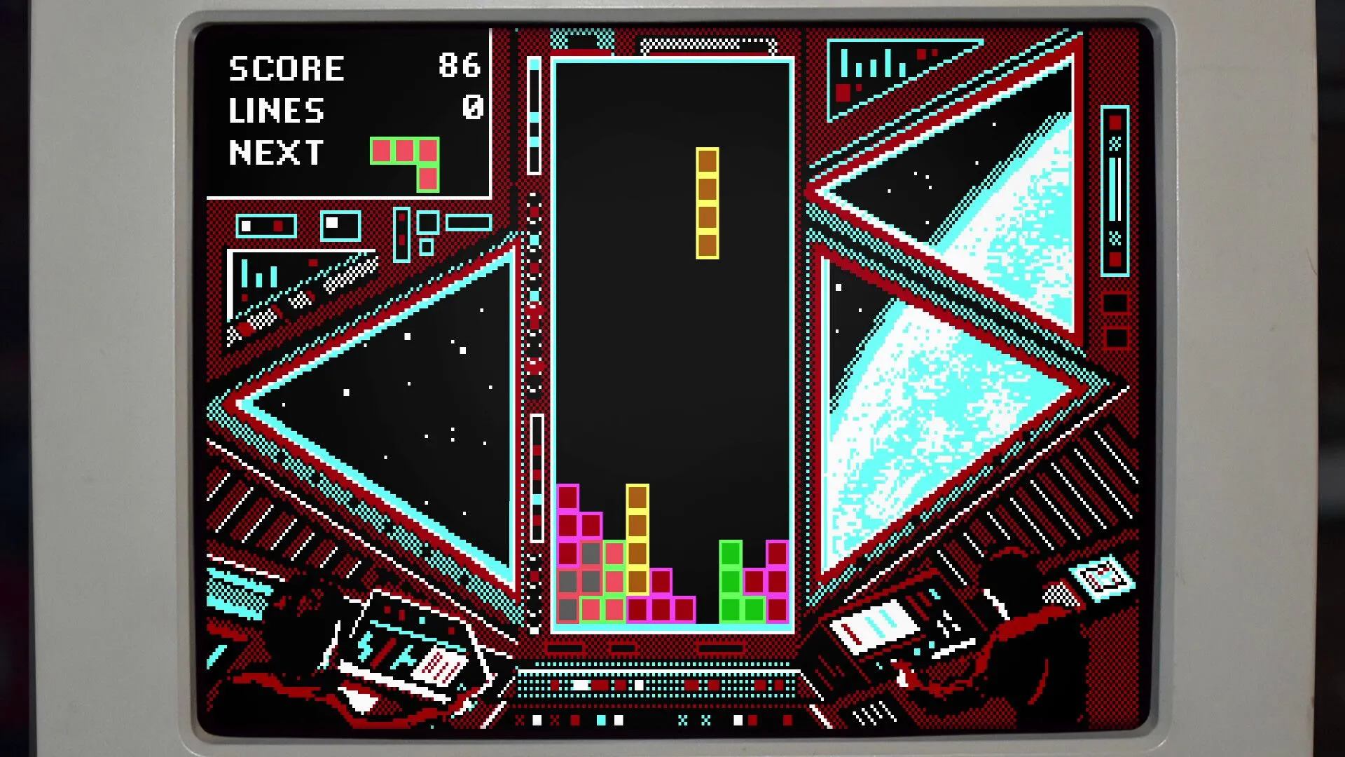 Ảnh chụp màn hình game Tetris với các khối xếp đang rơi, hiển thị giao diện cổ điển