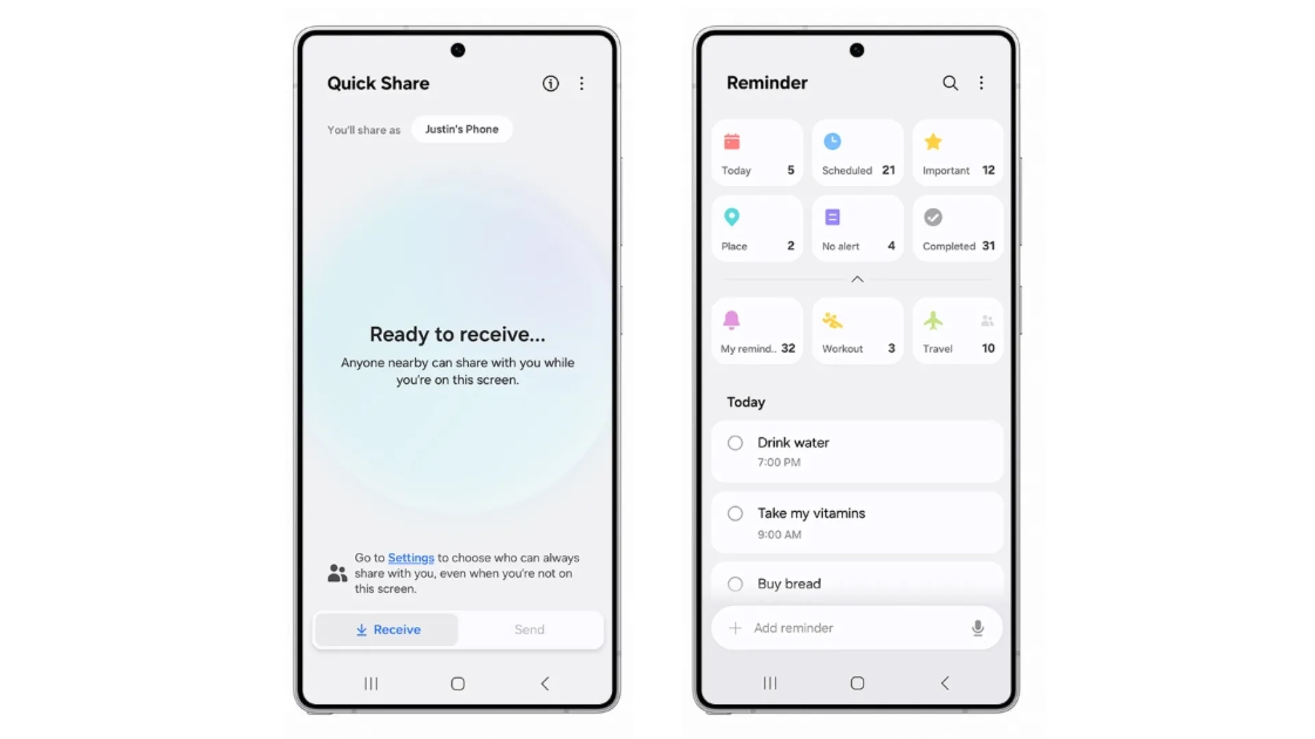 Ảnh chụp màn hình giao diện ứng dụng Quick Share và Reminder trên One UI 8, thể hiện các cải tiến mới