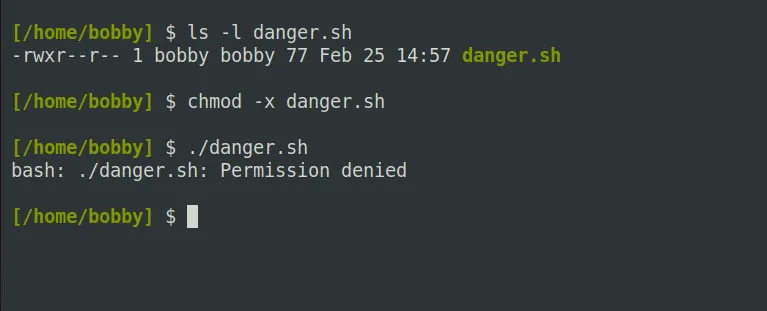 Ảnh chụp màn hình Lỗi &quot;Permission denied&quot; khi cố gắng chạy một script shell đã bị loại bỏ quyền thực thi.