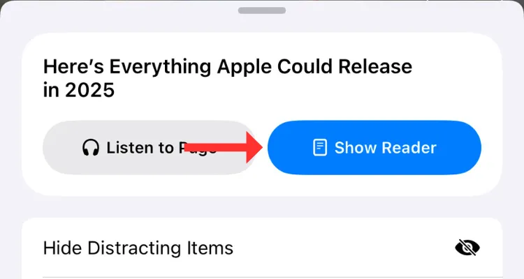 Ảnh chụp màn hình menu Safari, làm nổi bật nút &quot;Show Reader&quot; màu xanh lam, cho phép người dùng chuyển sang chế độ đọc gọn gàng để sử dụng tính năng Tóm tắt trang web của Apple Intelligence