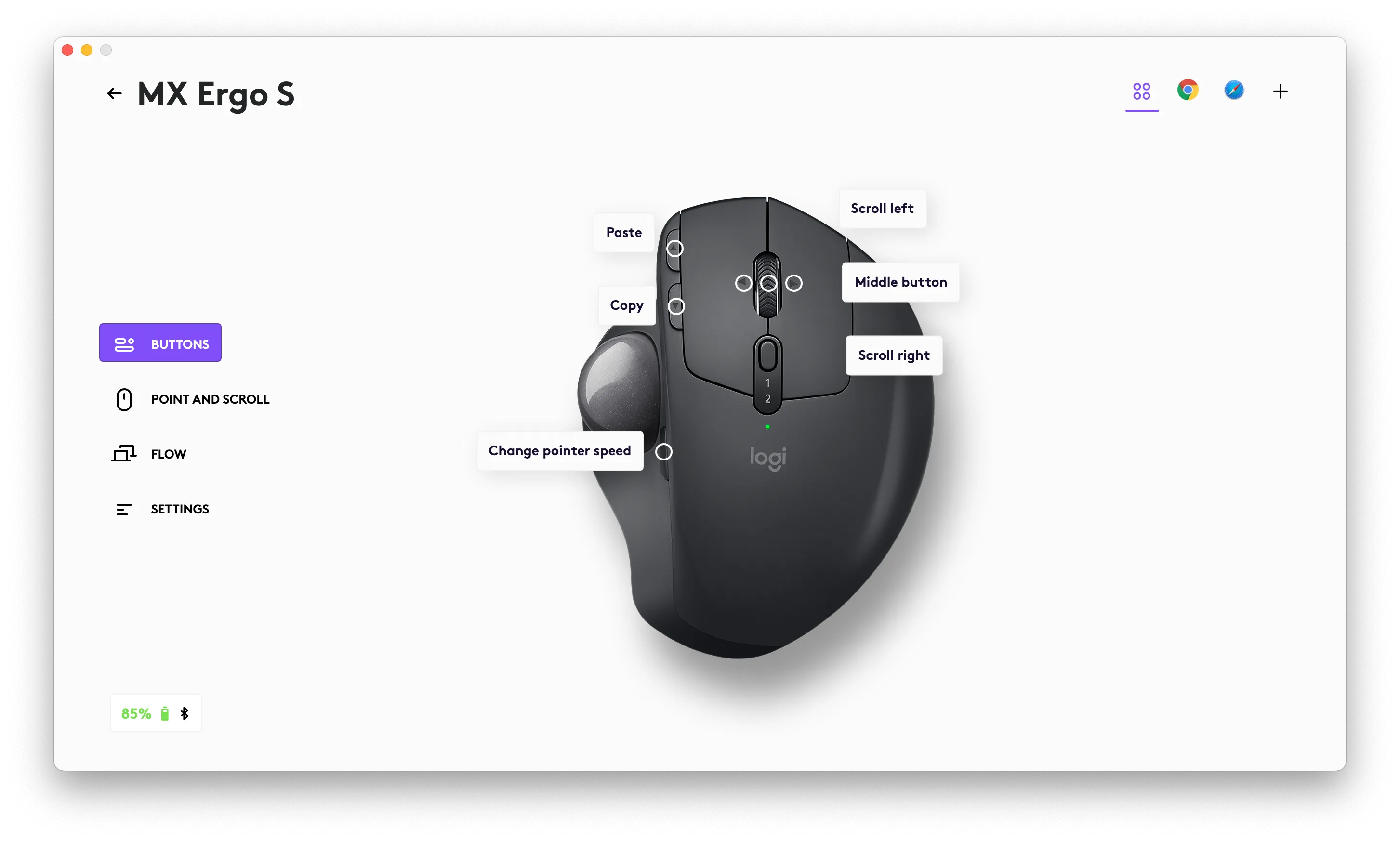 Ảnh chụp màn hình phần mềm Logi Options hiển thị bố cục nút và mức pin của Logitech MX Ergo S.