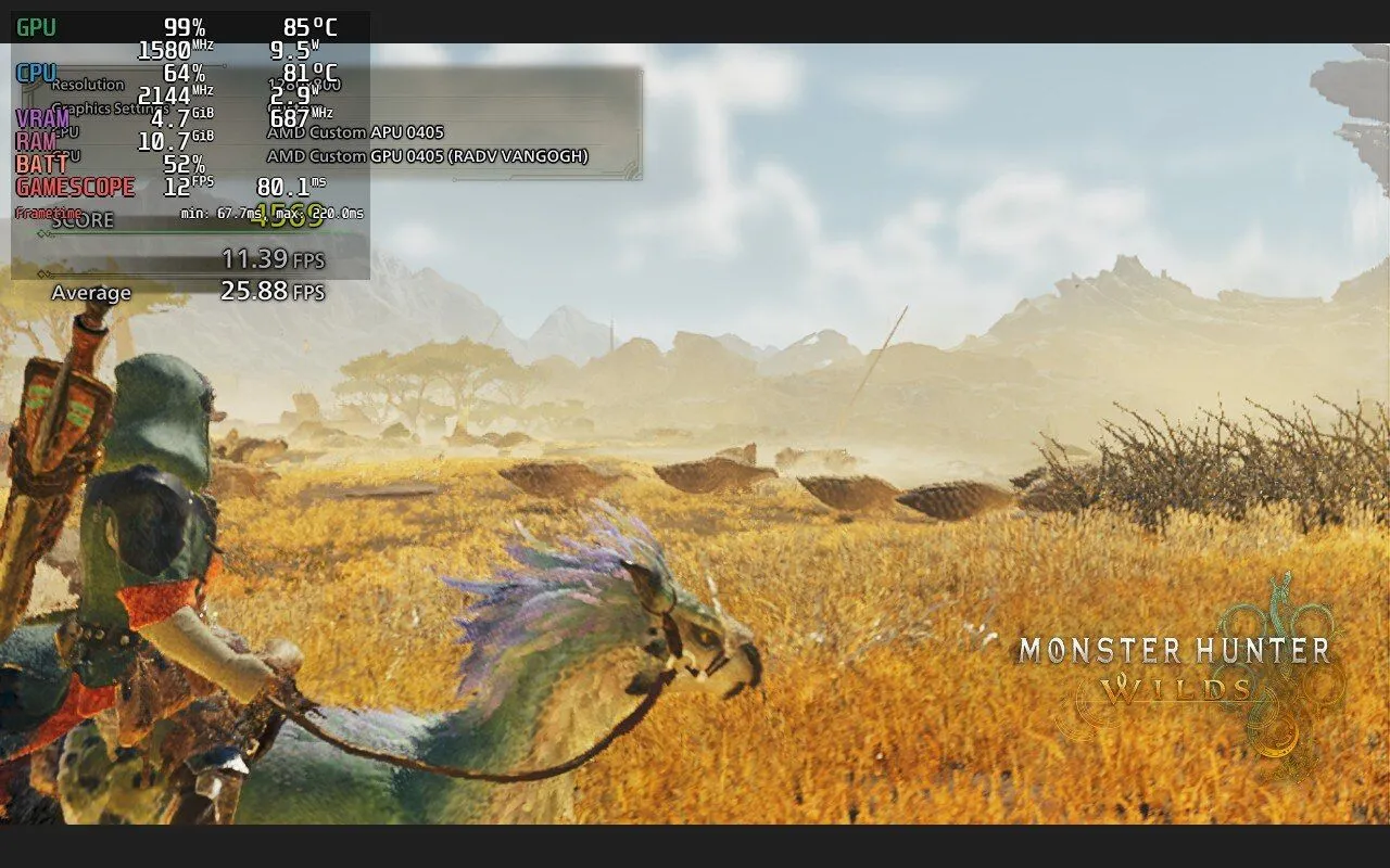 Ảnh chụp màn hình quá trình benchmark Monster Hunter Wilds trên Steam Deck, minh họa chất lượng đồ họa và hiệu ứng khi giảm cài đặt.