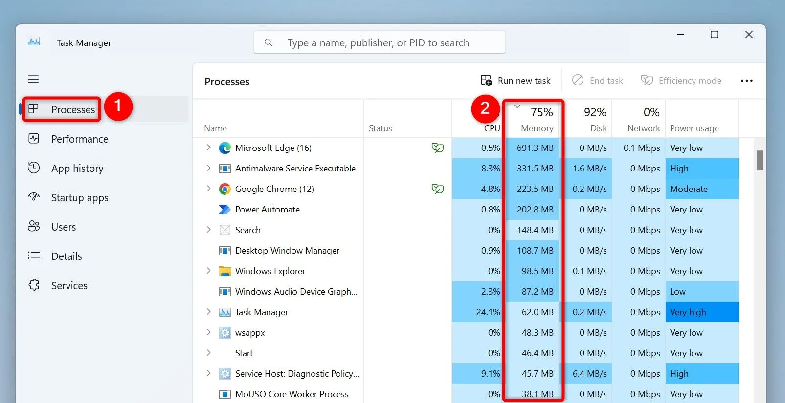 Ảnh chụp màn hình Quản lý tác vụ (Task Manager) trên Windows 11 hiển thị mức sử dụng RAM của các ứng dụng đang chạy