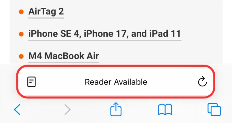 Ảnh chụp màn hình Safari hiển thị thông báo &quot;Reader Available&quot; trên thanh địa chỉ, báo hiệu có thể sử dụng chế độ đọc và tính năng tóm tắt trang web của Apple Intelligence