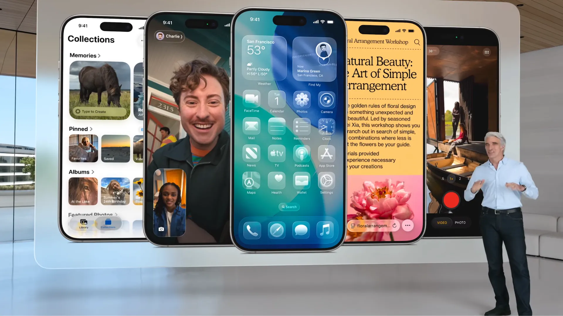 Ảnh chụp màn hình sự kiện WWDC 2025, giới thiệu các khía cạnh khác nhau của iOS 26 và giao diện &quot;Liquid Glass&quot; mới.