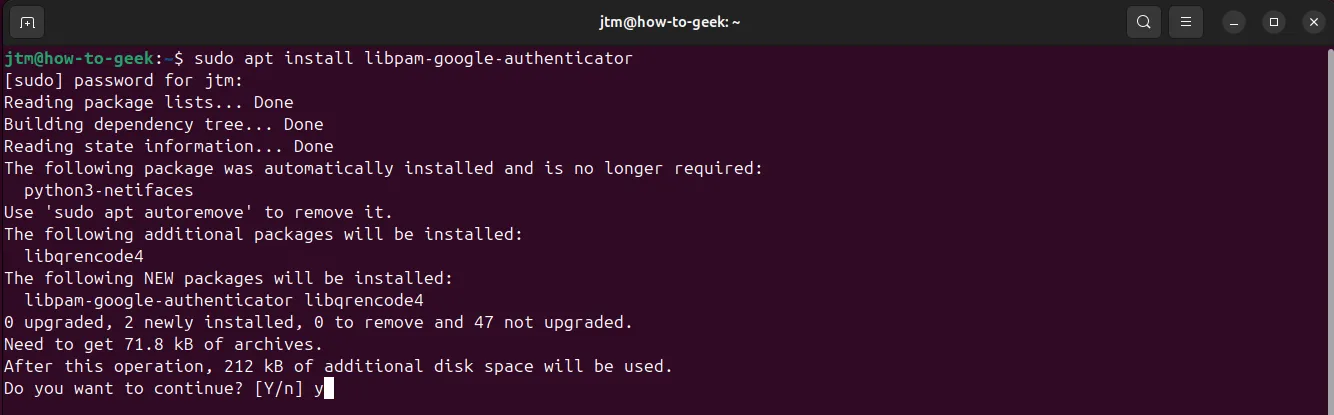Ảnh chụp màn hình terminal Ubuntu hiển thị quá trình cài đặt gói Google Authenticator bằng lệnh apt.