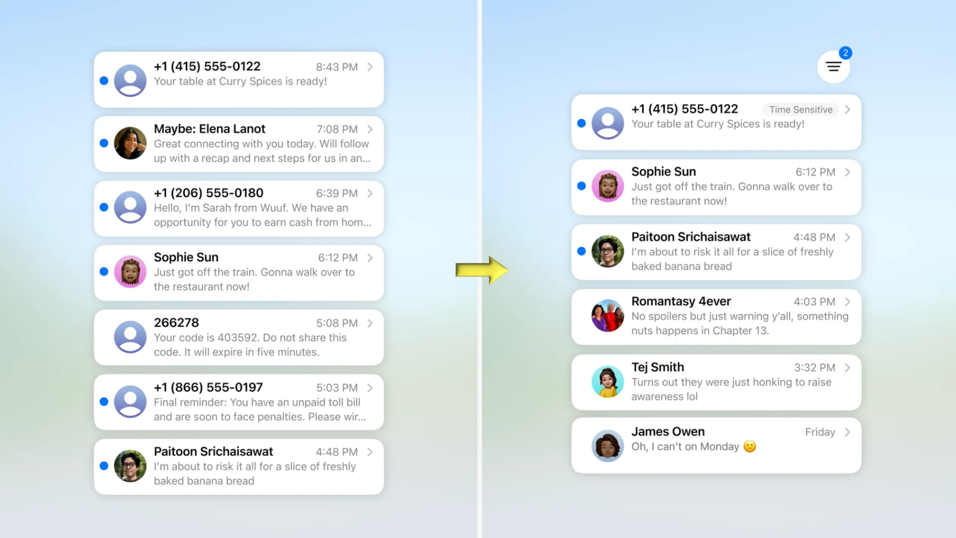 Ảnh chụp màn hình tính năng lọc tin nhắn từ người gửi không xác định trong Apple Messages trên iOS 26, cho thấy các tùy chọn phân loại tin nhắn để giảm spam.