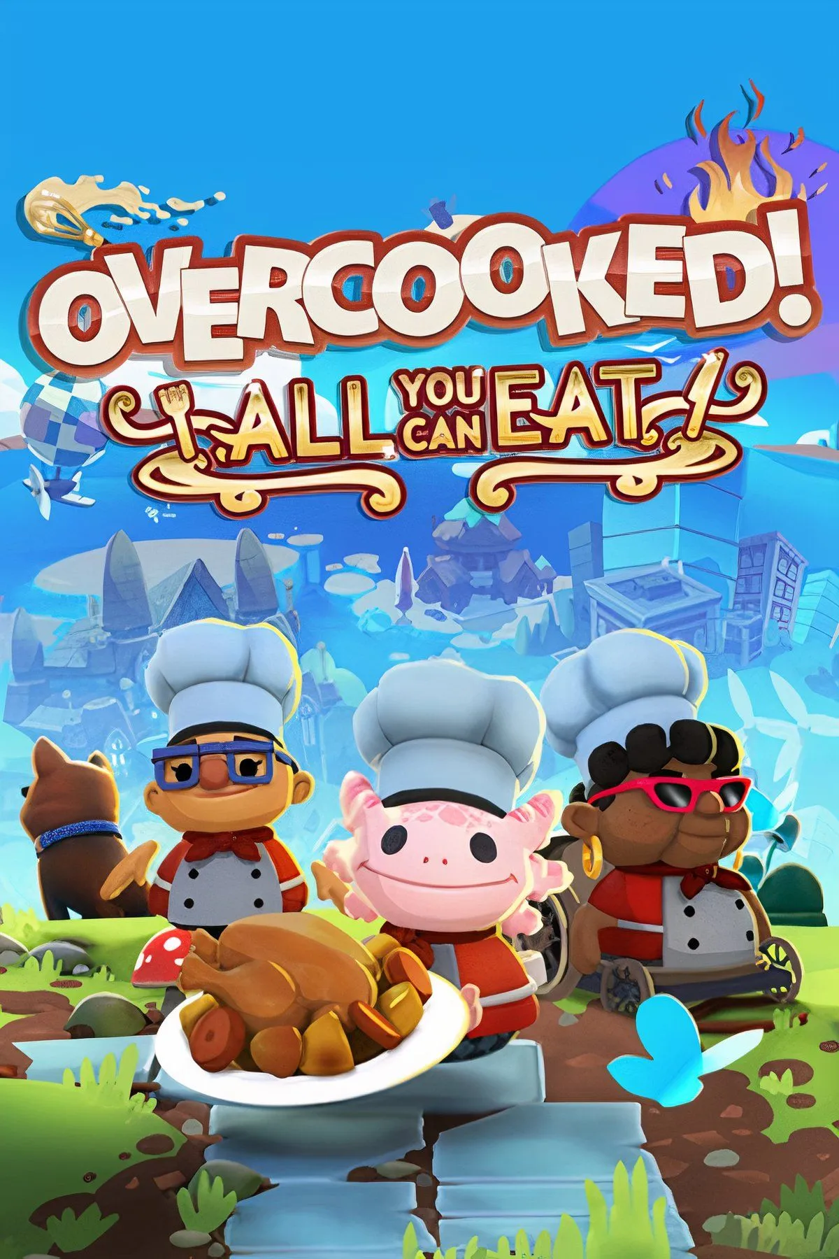 Ảnh chụp màn hình tổng hợp các cảnh nấu ăn hỗn loạn trong Overcooked! All You Can Eat, với nhiều nhân vật đang thực hiện các nhiệm vụ khác nhau