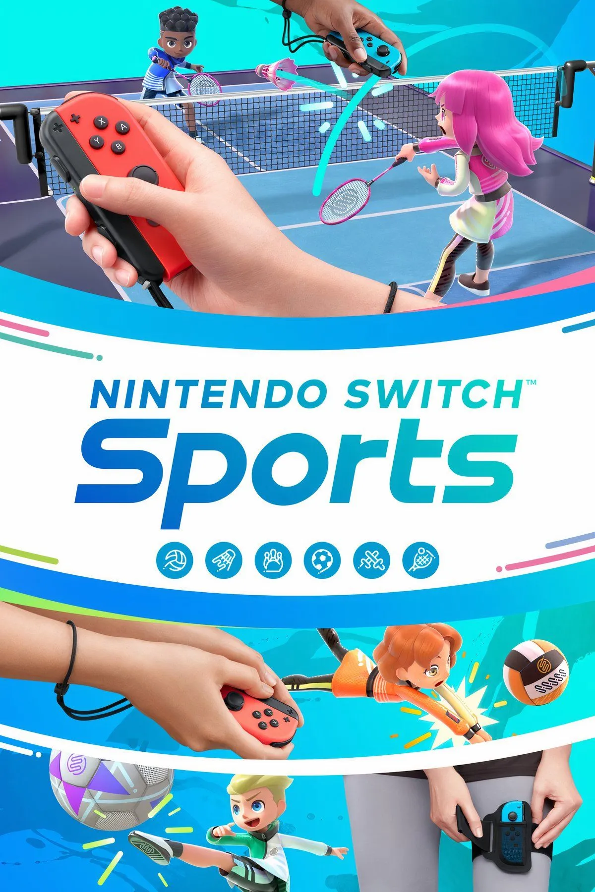 Ảnh chụp màn hình tổng hợp các môn thể thao trong Nintendo Switch Sports, bao gồm bóng đá, bowling, quần vợt, cầu lông và golf