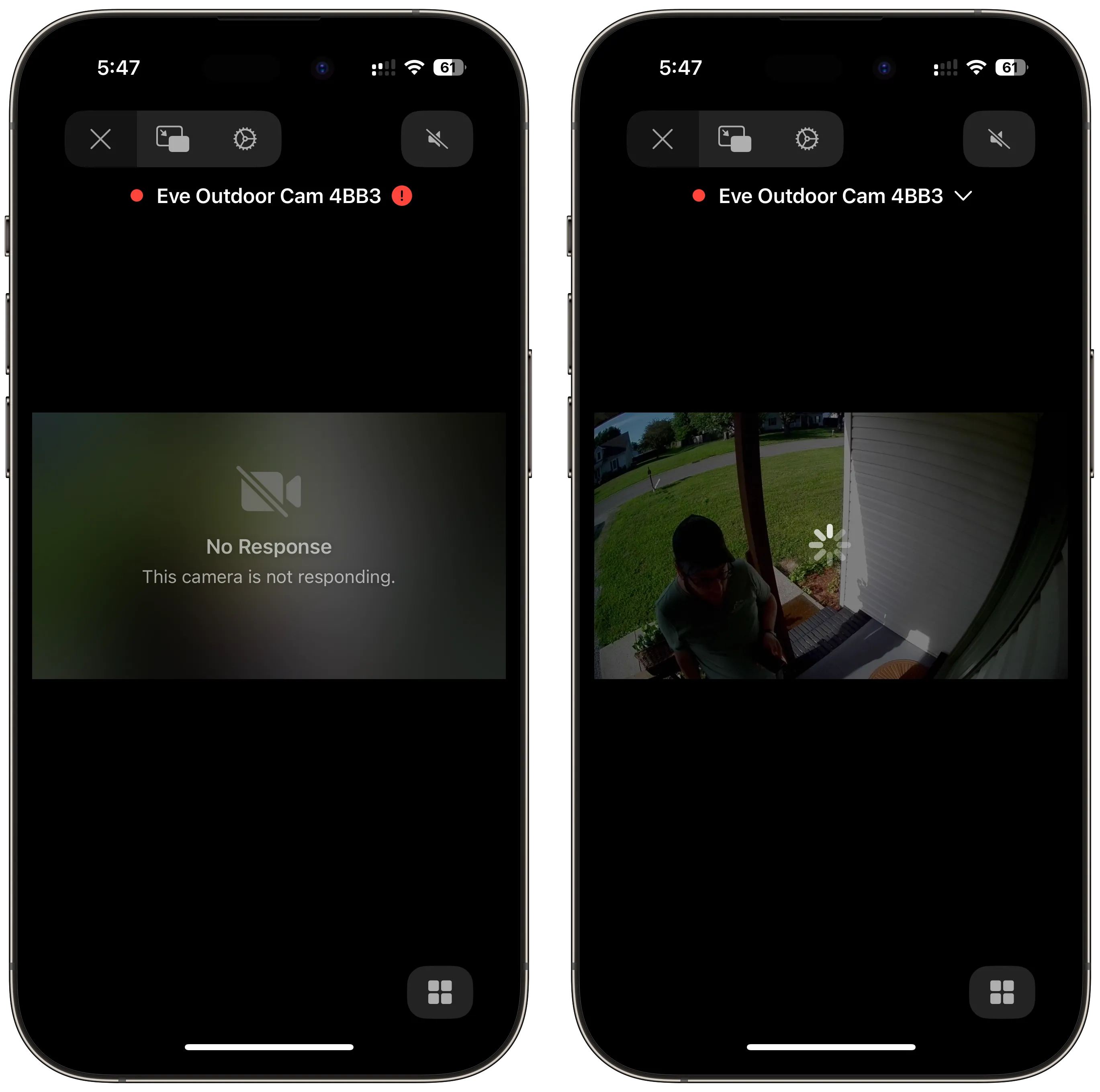 Ảnh chụp màn hình ứng dụng Apple Home cho thấy camera Eve Outdoor Cam không kết nối, minh họa sự cố với HomeKit Secure Video
