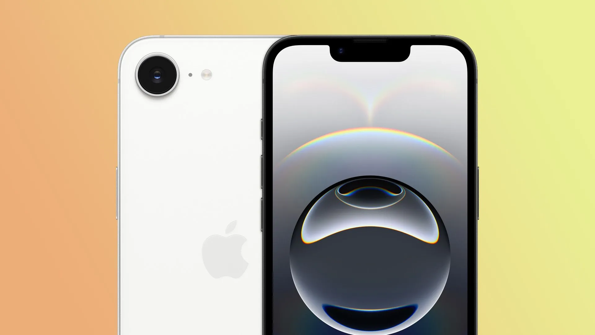 Ảnh tổng quan iPhone 16e từ mặt trước và mặt sau, minh họa thiết kế thân máy và cụm camera.