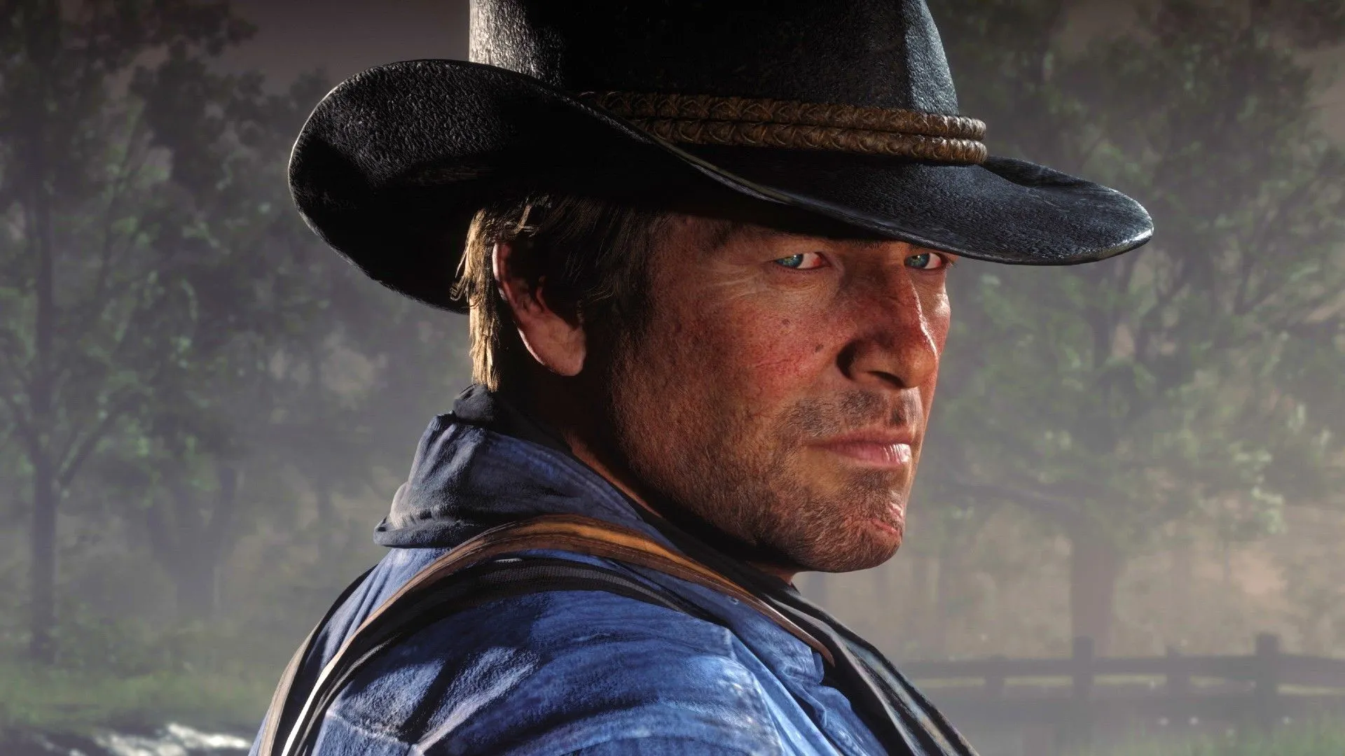 Arthur Morgan nhìn lại qua vai trong Red Dead Redemption 2, biểu cảm suy tư.