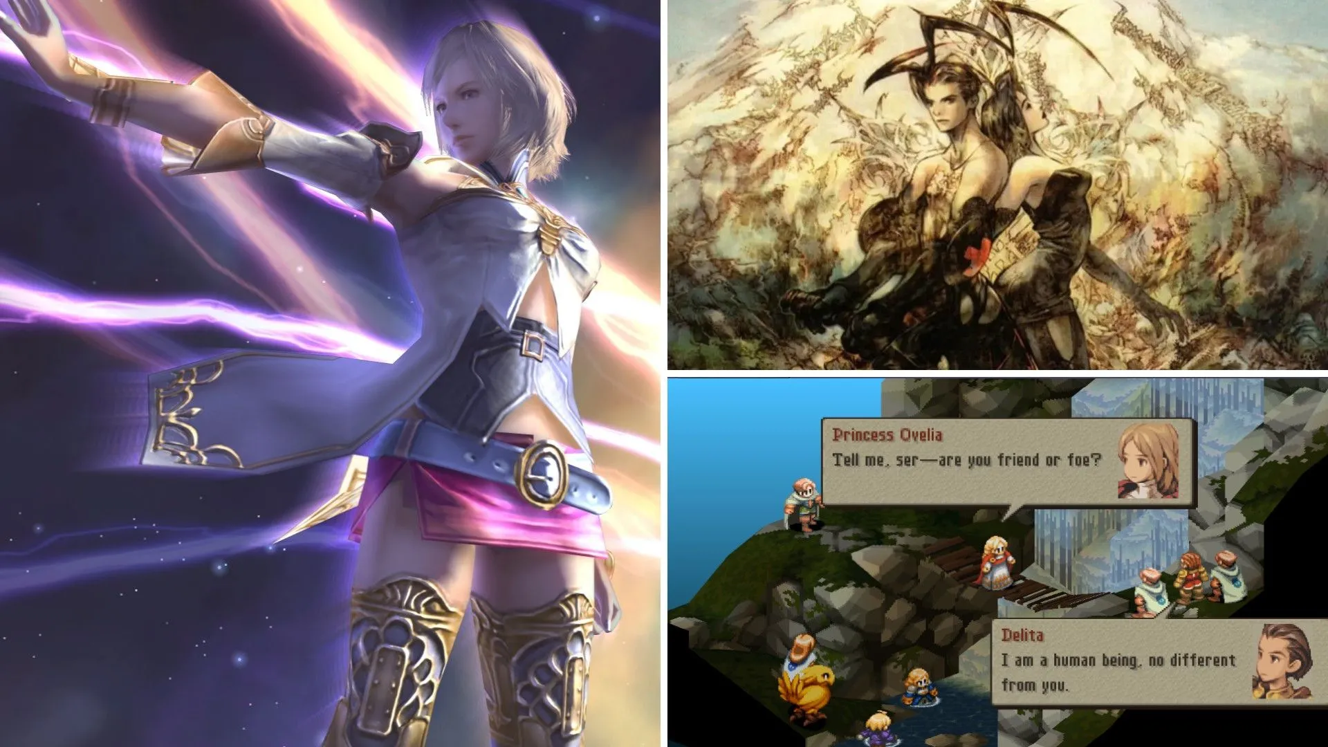 Ashe từ Final Fantasy XII bắn sét, công chúa và Delita nói chuyện trong Final Fantasy Tactics, và các nhân vật chính của Vagrant Story đứng cạnh nhau, đại diện cho vũ trụ Ivalice.