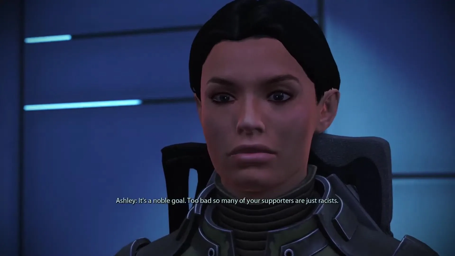 Ashley Williams trong Mass Effect, minh họa sự phát triển nhân vật tích cực khi được Shepard lãng mạn hóa.