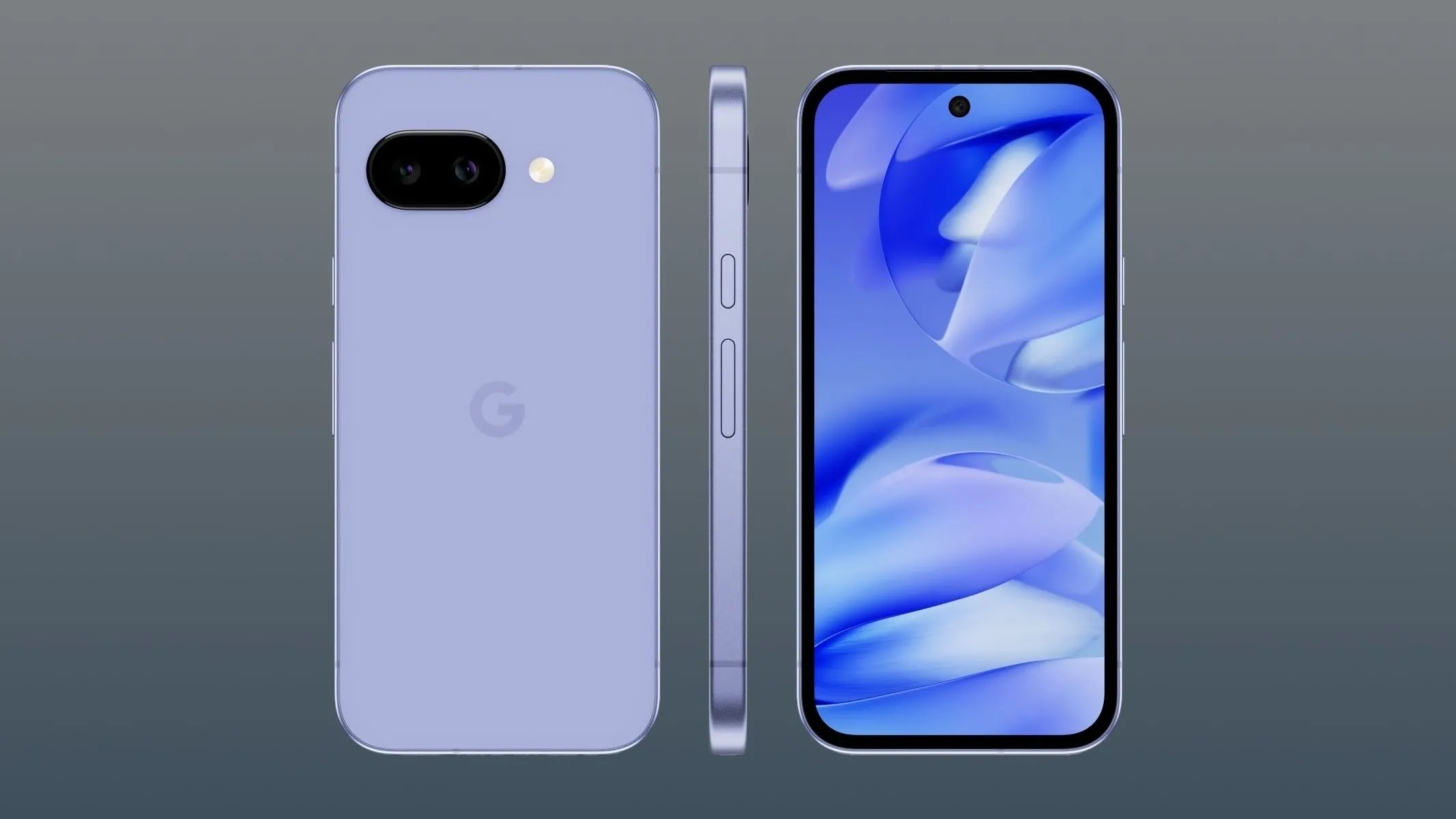 Ba chiếc điện thoại Google Pixel 9a hiển thị mặt trước, mặt sau và cạnh bên.