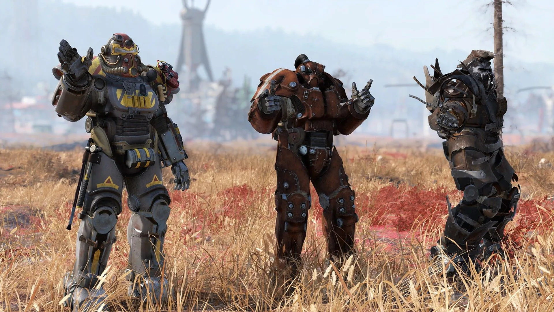 Ba người chơi trong Fallout 76 mặc bộ giáp sức mạnh đầy đủ, biểu tượng cho sự sống sót trong thế giới hậu tận thế và các phe phái phức tạp của series Fallout.
